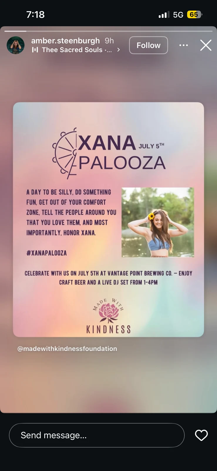 Social-media story sharing a pastel Xana Palooza event flyer with a portrait, Ferris-wheel graphic and kindness-foundation logo.