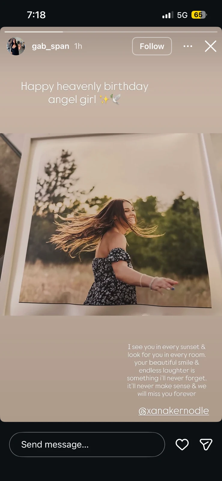 Social-media birthday-remembrance story with a photograph of a woman outdoors and a written tribute.
