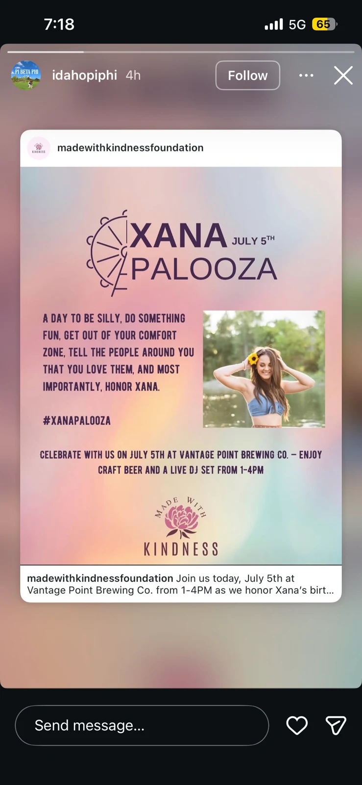 Social-media story sharing a pastel Xana Palooza flyer with a portrait and event information.