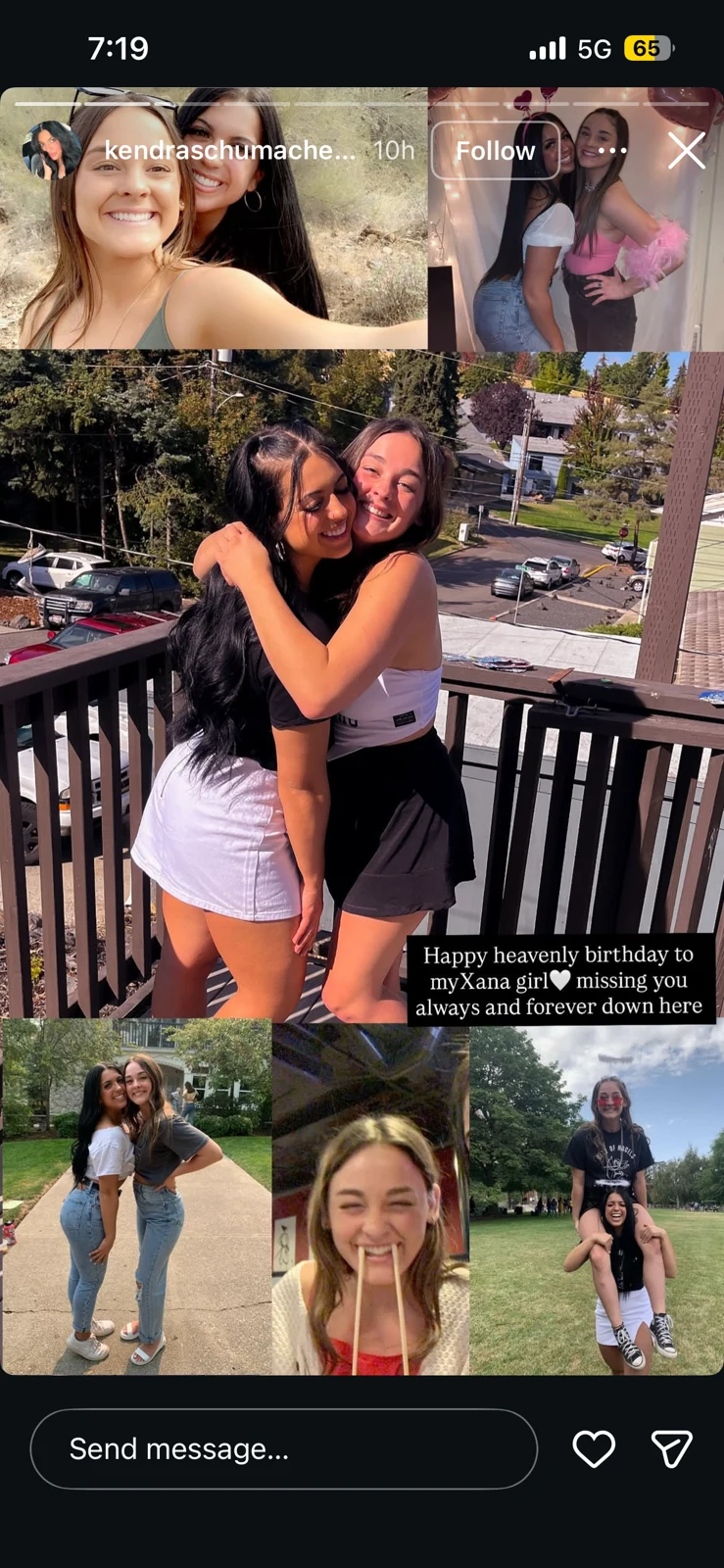 Social-media remembrance collage of women posing, embracing and spending time outdoors, with a birthday message.