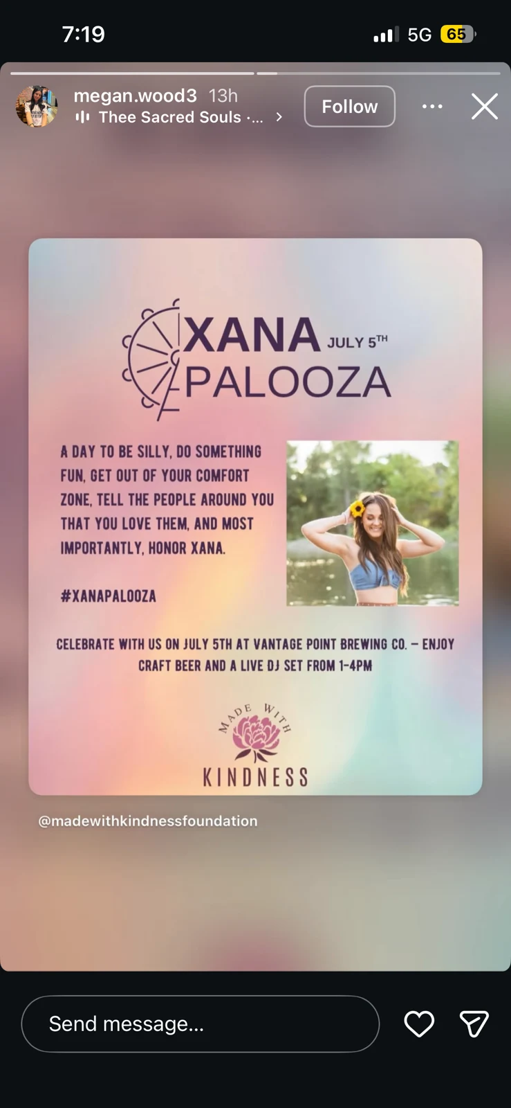 Social-media story displaying a pastel Xana Palooza remembrance-event flyer and portrait.