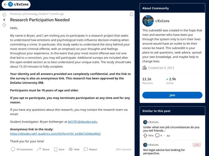 Reddit research-participation post with paragraphs about a study, a survey link and community information in a sidebar.