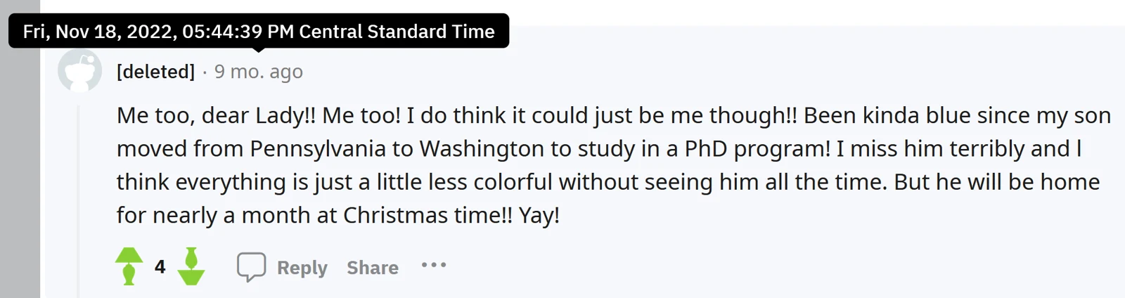 Cropped Reddit comment about a son moving from Pennsylvania to Washington for doctoral study, with a timestamp label.