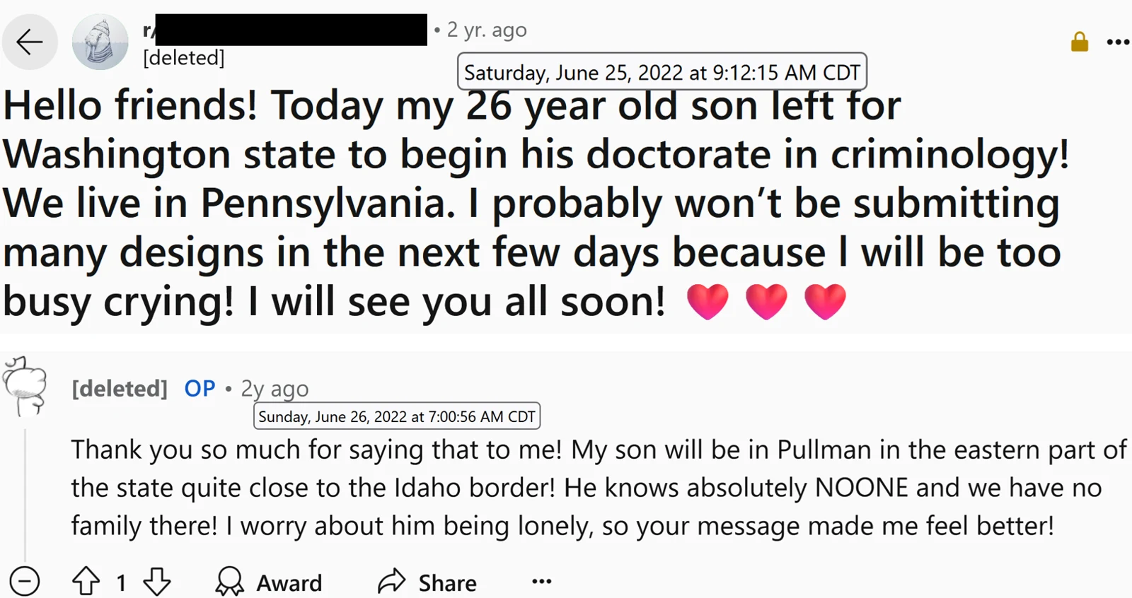 Reddit post and reply about a son moving for doctoral study, with some account details blacked out.