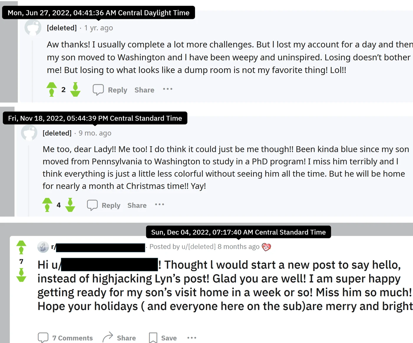 Collage of three Reddit posts discussing a son's move and visit home, with timestamp labels and blacked-out account details.