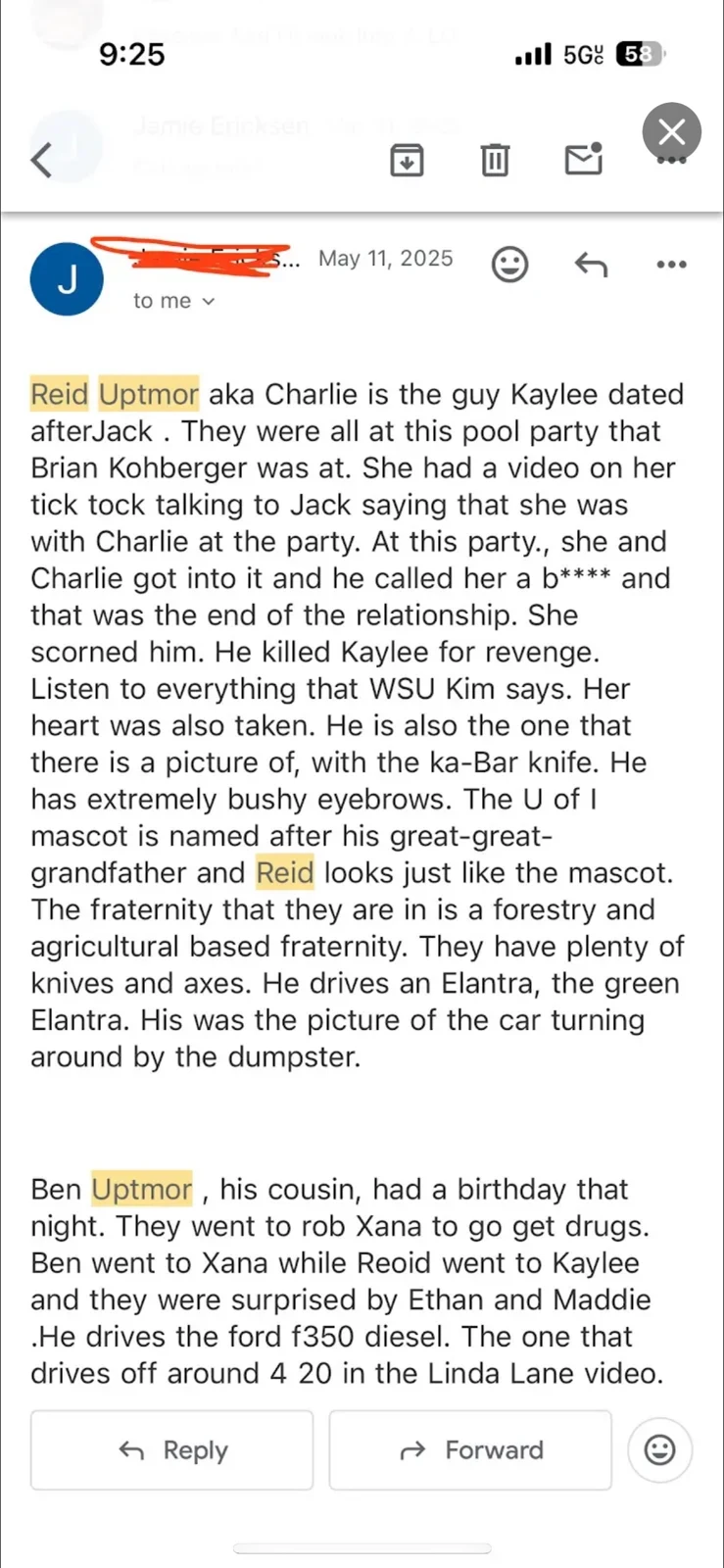 Phone Gmail screenshot of a long accusatory email with yellow-highlighted surnames and a redacted sender detail.
