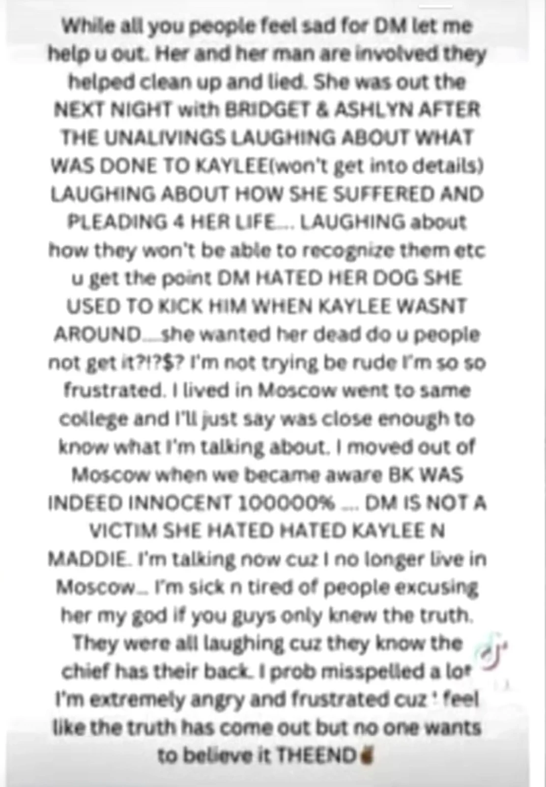 Tall white-background text image containing emphatic accusations and claims, with several all-capital passages.