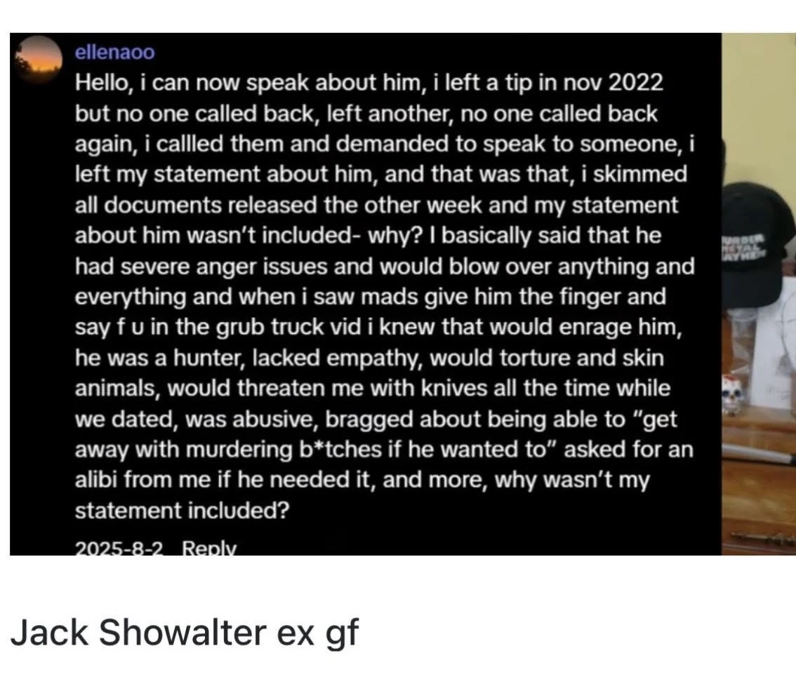 Dark-background social-media comment alleging abusive behavior, with an editorial relationship label beneath it.