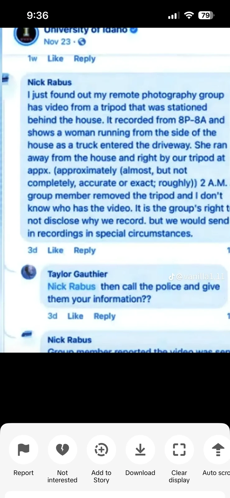 Phone screenshot of a blue-highlighted comment claiming camera footage exists, followed by a reply urging contact with police.