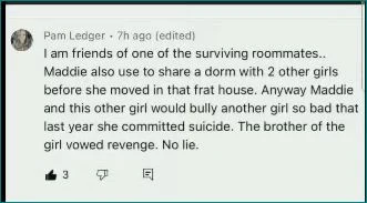 Video-comment screenshot asserting an unverified personal connection and allegation, with like and reply controls.