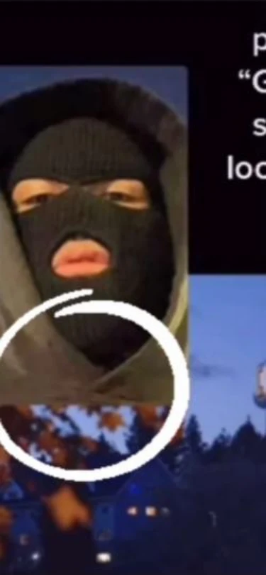 Cropped image of a person wearing a dark ski mask and hood, with a white circle drawn over the lower portion.