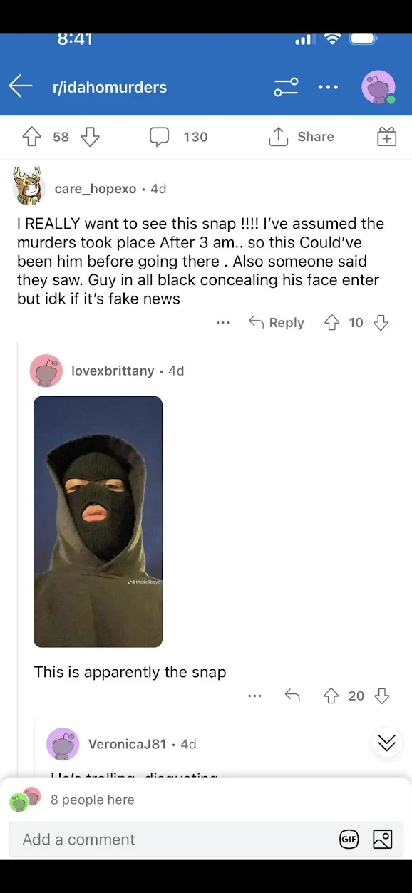 Phone Reddit discussion screenshot containing an embedded portrait of a person in a ski mask and hood.