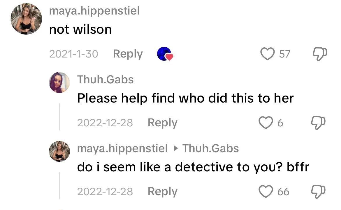Light-background social-media comment exchange with profile icons, reply dates and like counts.