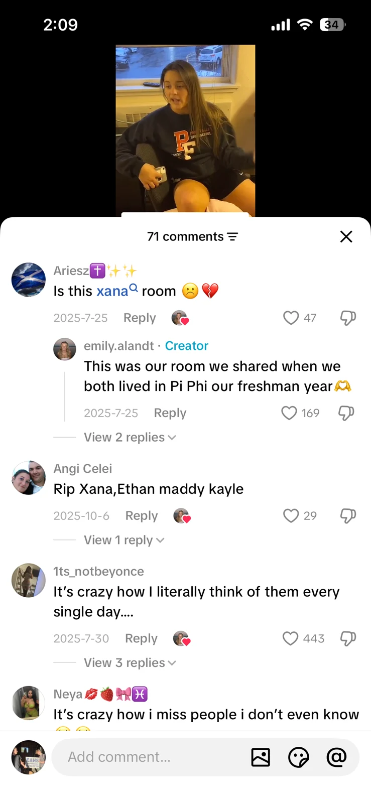 Short-video screenshot with a seated woman above a comments panel discussing a shared room and remembrance.
