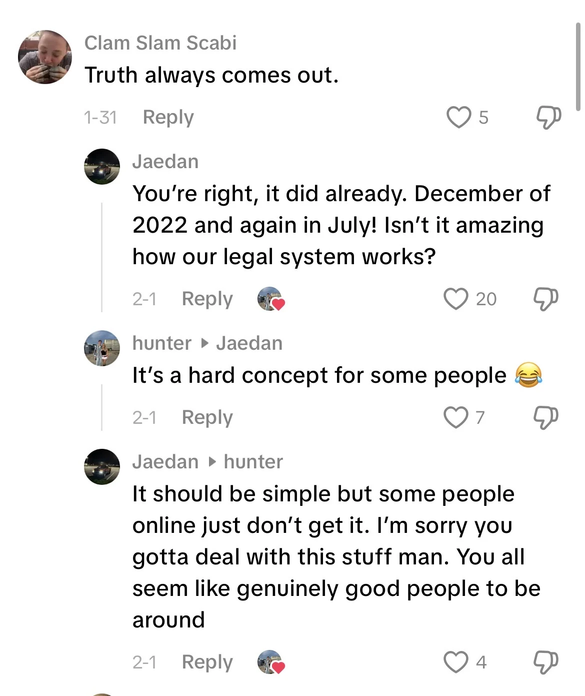 Light-background social-media comment exchange discussing legal outcomes and online reactions.