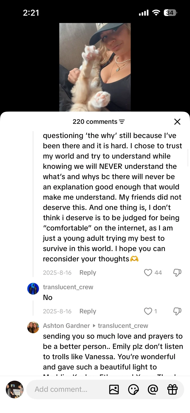 Continuation of a short-video comments panel discussing uncertainty and remembrance, with a woman and dog above.