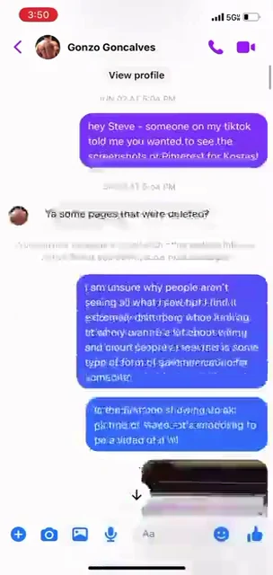 Messenger conversation about deleted pages and shared screenshots, with an embedded video thumbnail.