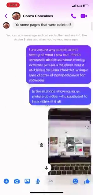 Messenger screenshot with purple messages and a video thumbnail showing a laptop screen.