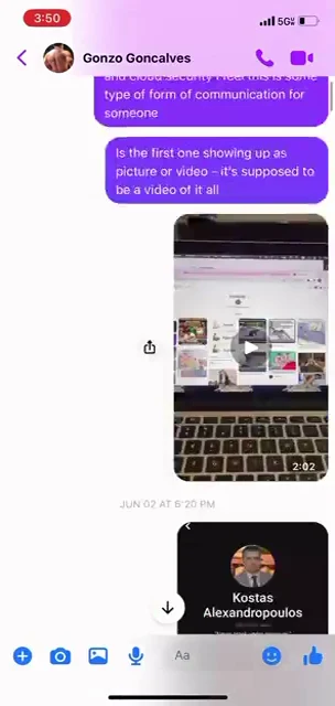 Messenger conversation containing a laptop-screen video thumbnail and an embedded Pinterest profile image.