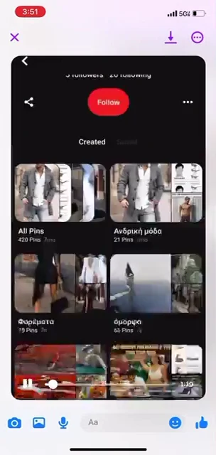 Phone screenshot of a Pinterest board grid with fashion and humor thumbnails inside a video viewer.