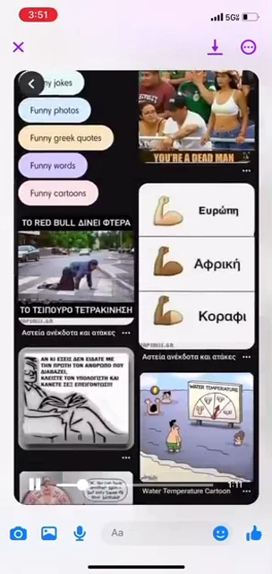 Phone video screenshot of a scrolling humor-board grid with cartoons, emoji graphics and meme text.
