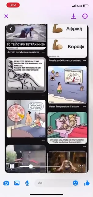 Phone video screenshot of a humor-board grid with cartoons and photographic meme thumbnails.
