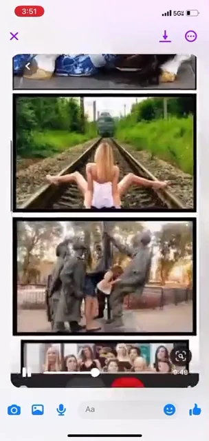 Phone video screenshot of a scrolling image board with posed photographs on railway tracks and beside statues.