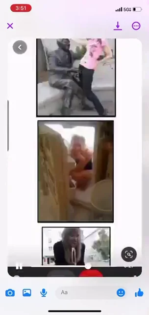 Phone video screenshot of a vertical image board showing people posing beside statues and other photographic thumbnails.