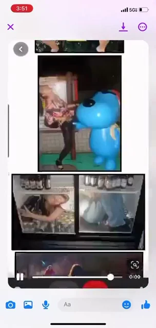 Phone video screenshot of photographic meme panels, including a large blue character statue.