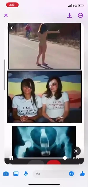 Phone video screenshot of a board showing a street photograph, two women in printed shirts and a blue X-ray-style image.