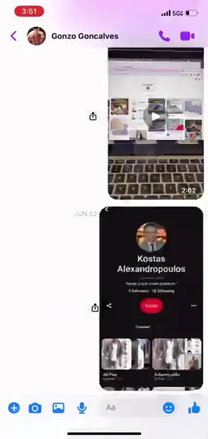 Messenger screenshot containing a laptop-screen video preview and a Pinterest profile preview.
