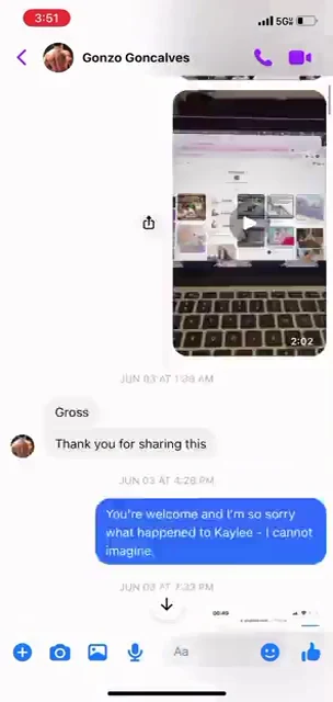 Messenger conversation with a shared video preview, a thank-you reply and a condolence message.