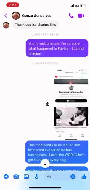 Messenger screenshot containing a condolence message, a profile-page image and speculative accusations in outgoing bubbles.