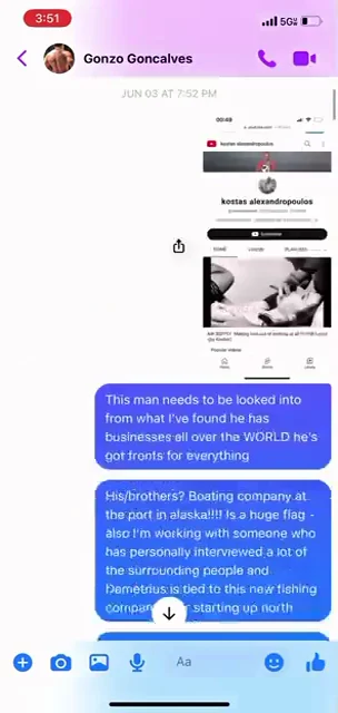 Messenger screenshot with a shared profile image and outgoing messages alleging business connections.