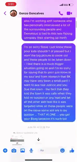 Messenger screenshot of a long purple message containing speculative claims and an expression of sympathy.