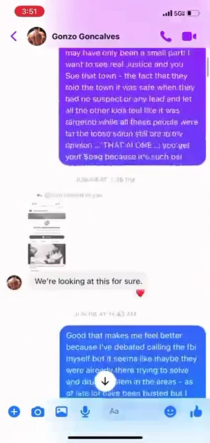 Messenger screenshot with a long outgoing message, a small shared profile image and a reply promising to look into it.