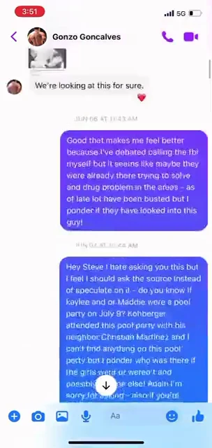Messenger screenshot with purple messages discussing speculative connections and asking about a pool party.