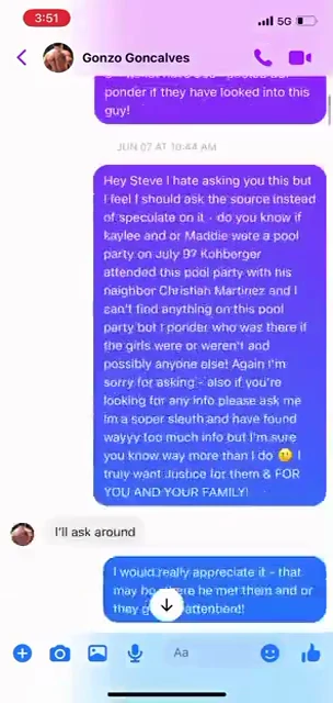 Messenger screenshot of a long question about a pool party, followed by a reply offering to ask around.