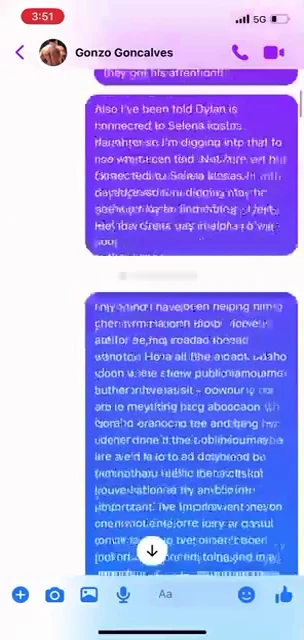 Messenger screenshot with long purple messages discussing research plans and speculative connections.