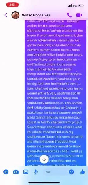 Messenger screenshot dominated by a long purple message describing a planned visit and interest in discussing the case.