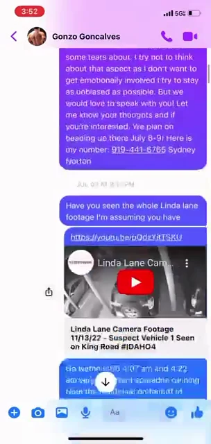 Messenger screenshot with a long message and a shared YouTube preview labeled Linda Lane Camera Footage.
