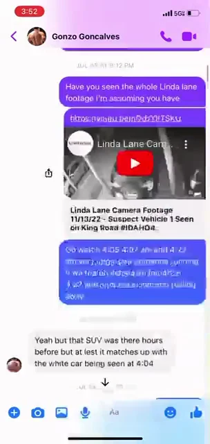 Messenger conversation showing a Linda Lane Camera Footage video preview and messages interpreting vehicles and times.