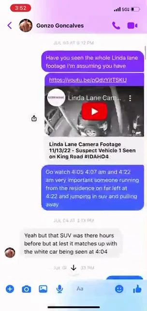 Messenger screenshot containing a surveillance-video preview and a reply questioning a vehicle interpretation.