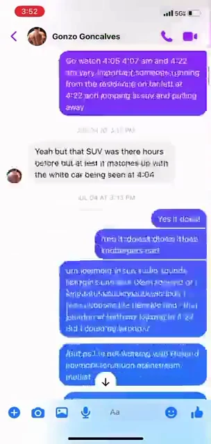 Messenger conversation with purple and gray bubbles speculating about vehicles, sounds and case connections.