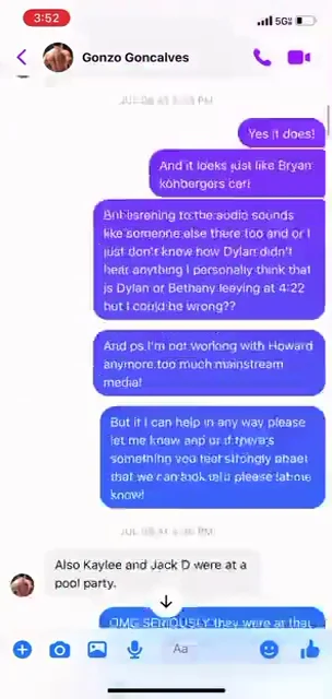 Messenger screenshot discussing interpretations of audio and video, followed by a message about a pool party.