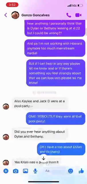Messenger screenshot with a pool-party discussion and questions about personal connections.