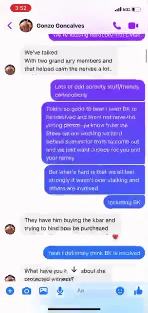 Messenger conversation discussing alleged evidence and asking about a protected witness; these are participants' claims.