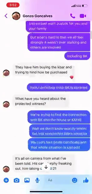 Messenger screenshot of a discussion about alleged purchases, a protected witness and possible connections.