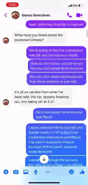 Messenger conversation proposing connections and interpretations of camera footage, shown in purple and gray bubbles.