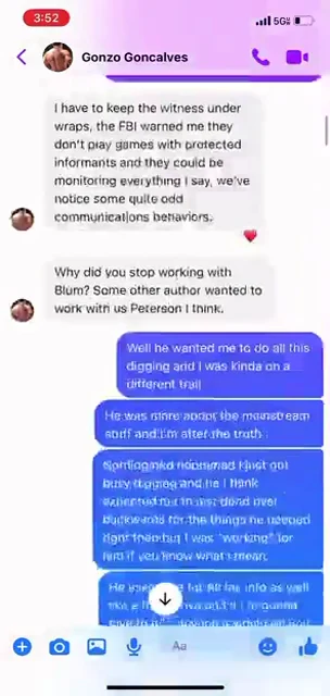 Messenger screenshot containing a claim about a witness and replies discussing research and an author.